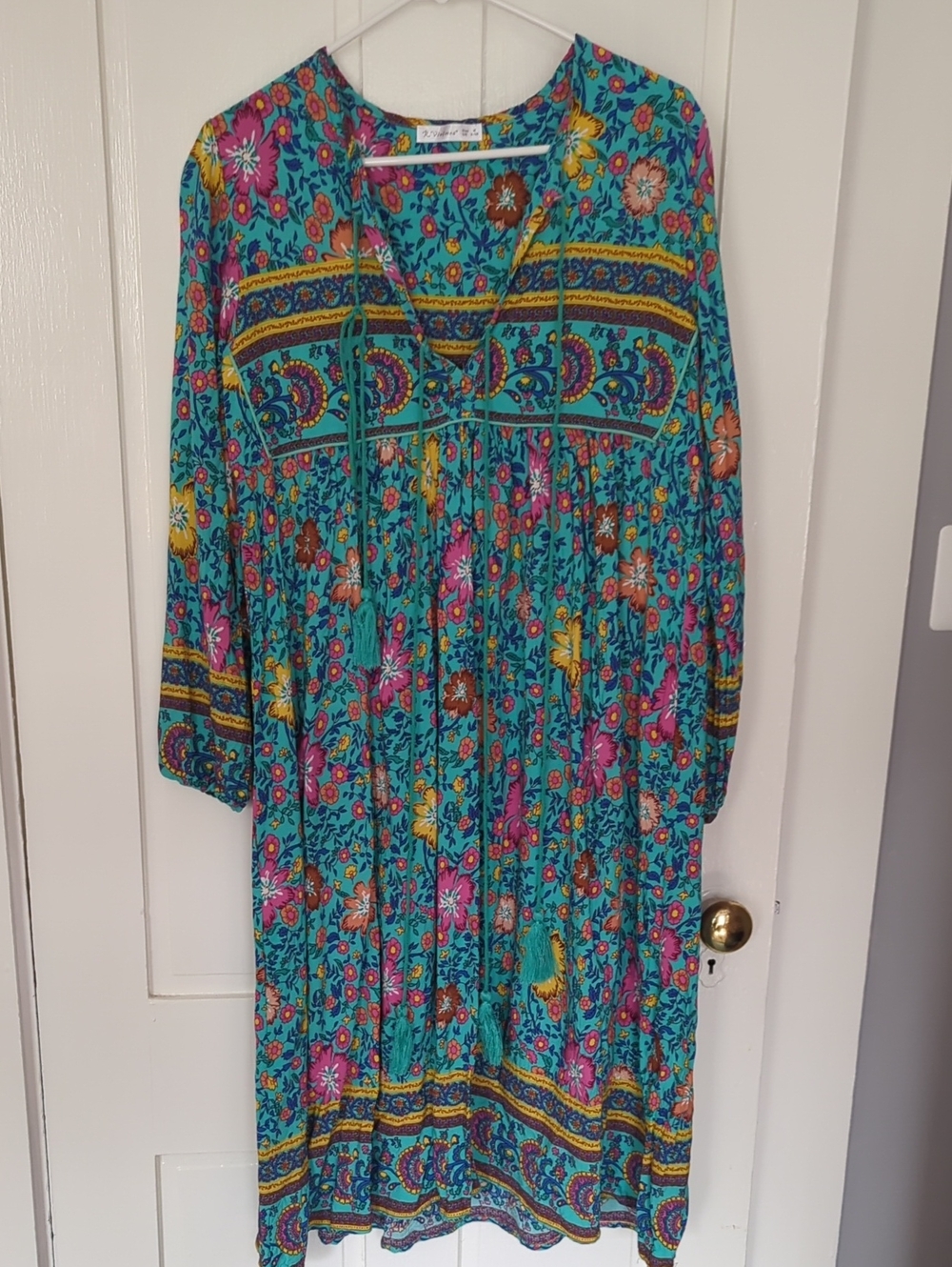 Boho Teal Floral Midi Dress with Tassel Neck